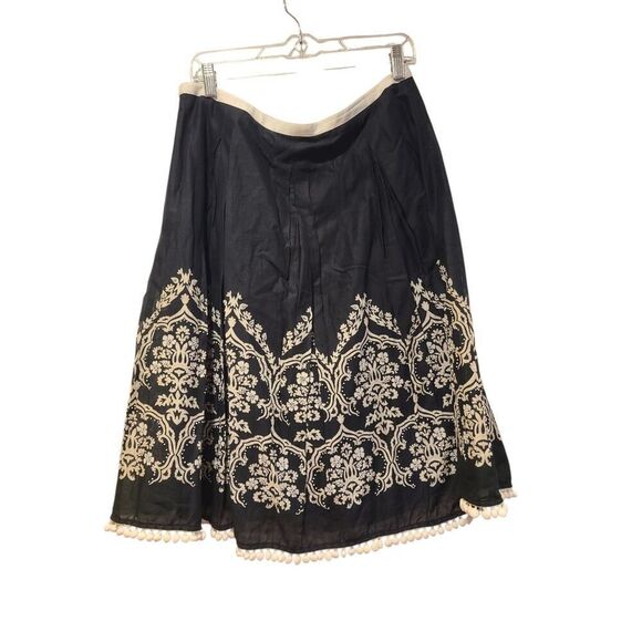 Ann Taylor Loft Beaded Floral Batik B&W Cotton Skirt Tassel Pompom Trim | 12 GUC - Picture 2 of 13